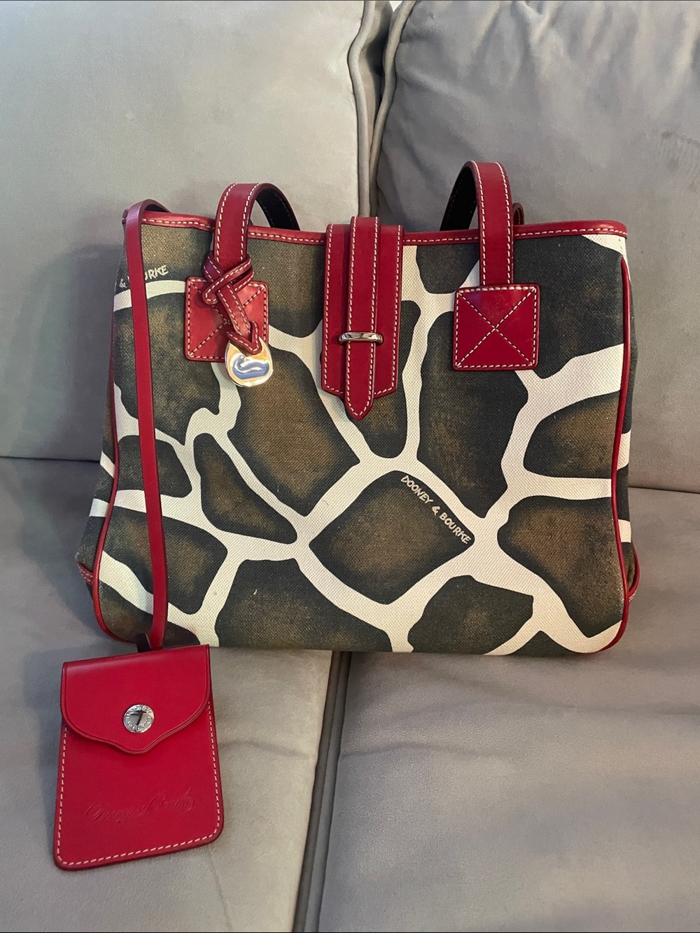 Dooney & Bourke Brown Giraffe-Print Tote with Red Trim